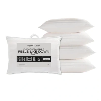 Image of Night Comfort Satin Stripe White Pillow Hypoallergenic Medium Support, Microfibre Pillows for Side Sleepers, Filled with Bouncy Hollowfibre, Big Bed (Pack of 4)
