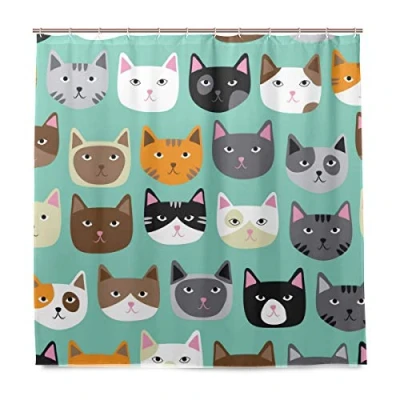Image of BALII Cartoon Cat Shower Curtain 72x72 Inch Polyester Waterproof With 12 Hooks for Bathroom