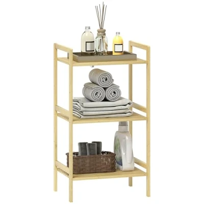 Image of HOMCOM 3 Tier Bamboo Bathroom Storage Shelf, Freestanding Shelving Unit with Adjustable Rack for Kitchen Living Room, Natural Wood Finish