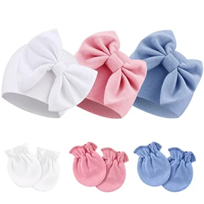 Image of DRESHOW Newborn Baby Hats Mittens Set Hospital Hat Beanie Infant Bow Cotton Gloves No Scratch for 0 6 Months