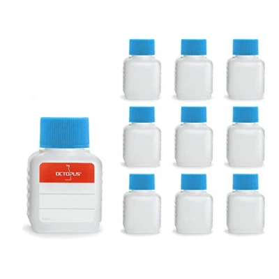 Image of Octopus 10 x 50 ml plastic bottles, HDPE bottles with blue screw caps, empty square incl. labels