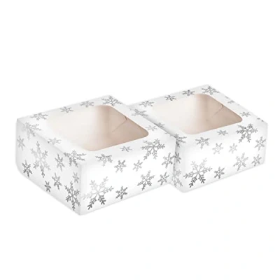 Image of Anniversary House 2 pack Christmas Cake Box, Silver Snowflake Foil Print, Cookie and Brownie Boxes, 7.5 x 16 16cm, Treat Printed Design, J187