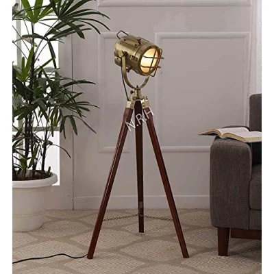 Image of Handmade Antique Brass Floor lamp with Wooden Tripod Nautical Modern searchlight Home &amp; Office Decorative Light Gift