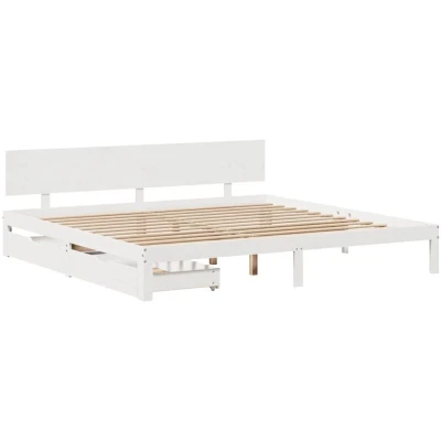 Image of vidaXL Bed Frame with Drawers Solid Pine Wood, White, 200x200 cm, for Bedroom Storage Base