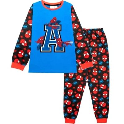 Image of Marvel Spiderman Personalised Initial Pyjama for Kids 100% Cotton Long Sleeve Winter Soft and Comfortable Gift Boys PJ Set Age 6/7 Blue