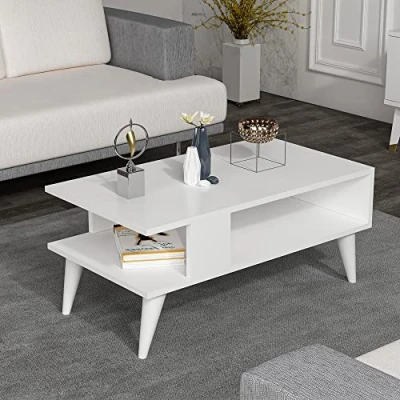 Image of [en.casa] Coffee Table Lycksele Side Living Room with Storage Rectangular White Lower Shelf Sofa