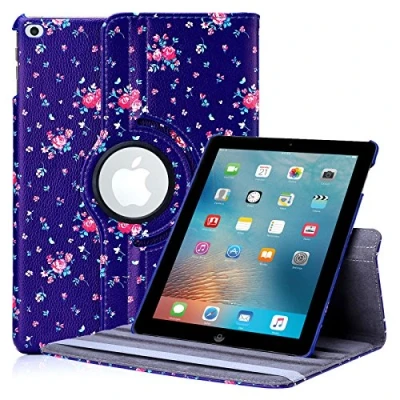 Image of 32nd Floral Series Design PU Leather Book Folio Case Cover for Apple iPad 9.7&quot; (2017) &amp; (2018), Designer Flower Pattern Flip With Built In Stand Vintage Rose Indigo