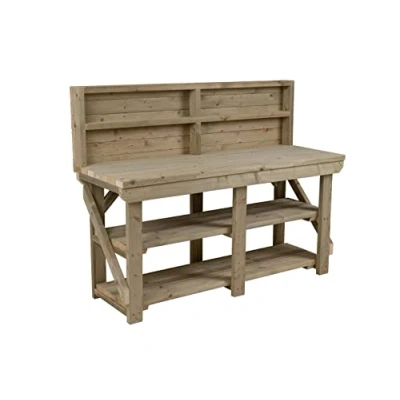Image of Workbench With Double Shelf and Back Panel Indoor / Outdoor Pressure Treated Heavy Duty Handmade Garage Workshop Work Table (10ft)