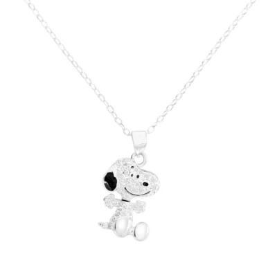 Image of Peanuts 925 Sterling Silver Womens Girls Snoopy Stone Set Charm Pendant Necklace