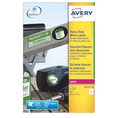 Image of Avery L4774 20 Extra Strong Adhesive Heavy Duty Weatherproof Labels, 4 Labels Per A4 Sheet White