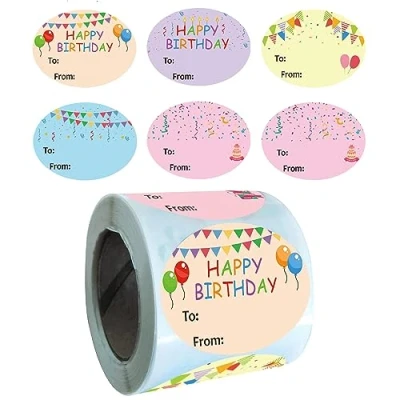 Image of 1.5 X 2 Inch Happy Birthday Tags Stickers for Presents 300 Adhesive Labels Birthday, Party, Baby Shower Christmas Festival Holiday (Oval, inch)