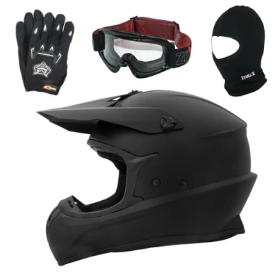 Image of Zorax Matt Black XL (61cm) ZOR X305 Motocross Helmet &amp; Gloves XL(11cm) Goggles Balaclava MX Quad ATV Sports Enduro Crash Dirt Bike ECE 22.06 Certified