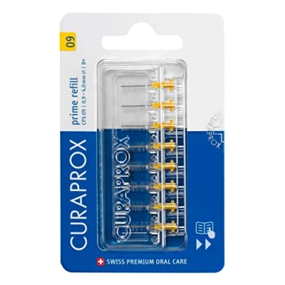 Image of Curaprox CPS 09 Prime Refill Interdental Brushes, Yellow, 8 Count x 0.9mm 4mm Internal Toothbrushes.