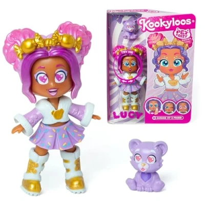 Image of KOOKYLOOS Pet Party Lucy doll with bear cub pet. Includes doll, 1 pet, fashionable outfit and shoes accessory.1 3 different faces!