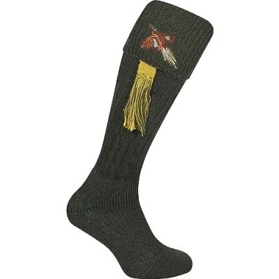 Image of Jack Pyke Pheasant Embroidered Shooting Socks Olive Green with Garters Wool Mix (8 11)