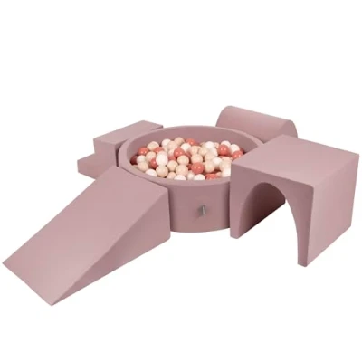 Image of KiddyMoon Foam Playground For Kids With Round Ballpit (200 Balls ∅ 7Cm/2.75In) Soft Obstacles Course And Ball Pool, Heather: Pastel Beige/Salmon/White