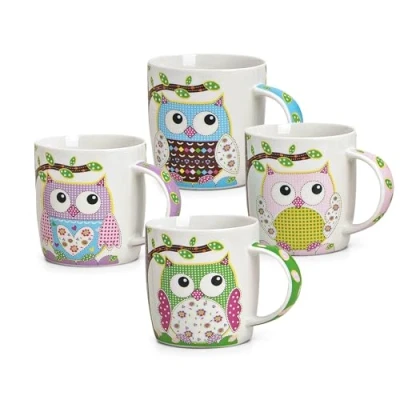 Image of matches21 Cups Mugs coffeecups coffeemugs Colourful Owls Motive 4 Pieces Set Blue Pink Purple Green Porcelain 1 Piece 9cm / 300 ml