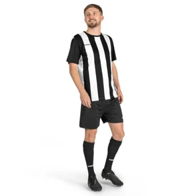 Image of FORZA Men’s Striped Short Sleeve Football Kits Jersey for Adults Full Shirts, Shorts &amp; Socks Set [5 Colours, XS XXL] (UK, Alpha, M, Regular, Black and White)