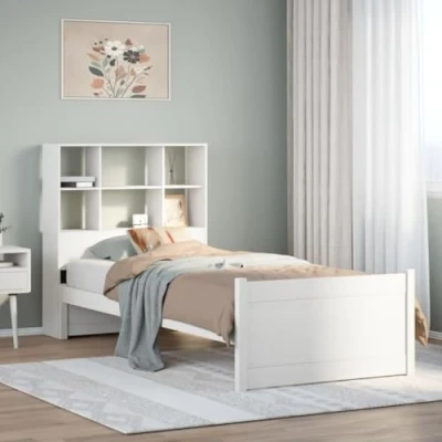 Image of vidaXL Bookcase Bed without Mattress White Solid Pine Wood, Single Frame 90x190 cm Ample Storage Headboard, Space Saver Design, Slatted Base