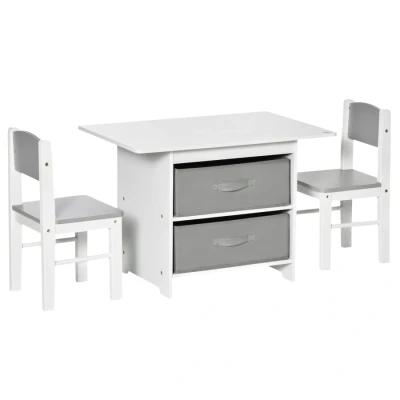 Image of HOMCOM 3 Pcs Kids Table &amp; Chairs Set Mini Seating Furniture Home Playroom Bedroom Dining Room w/Storage Drawers Safe Corners for 2 4 Years old White