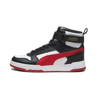 Image of Puma GAME JR Unisex Hightop trainers for kids, Size: 4, White/for all time red/black/gold Leather