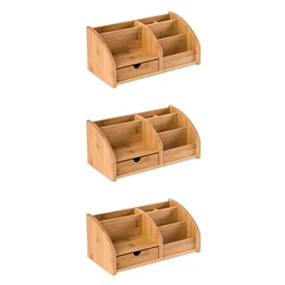 Image of OSCO Bamboo Desk Organiser 3 Pack 6 Compartments 1 Drawer Office Tidy Stationery Storage Pen Holder Makeup sorter Cosmetics Display H17.7 x W27 D14 cm