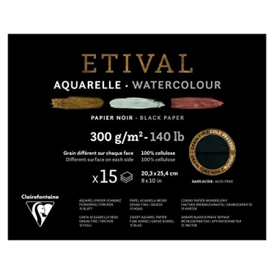 Image of Clairefontaine Ref 975322C Etival Cold Pressed Black Watercolour Painting &amp; Drawing Pad (15 Sheets of Paper) 20.3 x 25.4cm 300gsm Cellulose Art Paper
