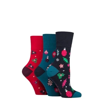Image of Women&#039;s 3 Pair SOCKSHOP Gentle Grip Christmas Socks Navy / Red 4 8