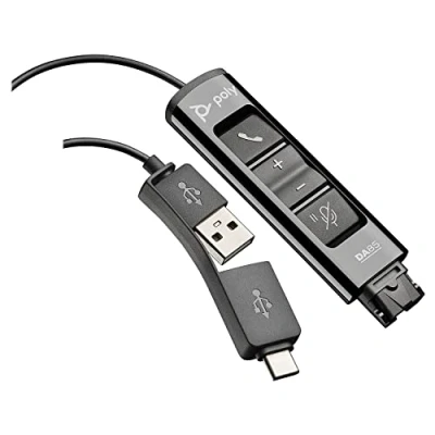 Image of Poly DA85 USB A/USB C digital adapter (Plantronics) Works with call center Quick Disconnect (QD) Headsets Acoustic Hearing Protection Hold &amp; Answer buttons Avaya, Genesys, Cisco platforms