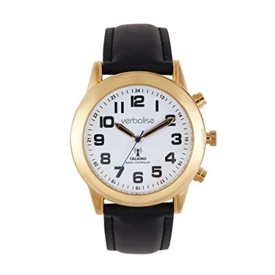 Image of Verbalise Men’s 9ct Gold Plated Radio Controlled Talking Watch Speaks Time &amp; Date etc. Ideal for Visually Impaired Blind Elderly, 2 Year Guarantee, UKs No1 Quality Service and Choice. VMRC 80LBK