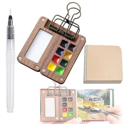 Image of Travel Watercolour Paint Palette Set, Mini Pocket Artist Watercolor Sets with Binder Clips, Water Colour Kit for Painters Artists Students (8 Grid)