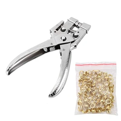 Image of Eyelet Hole Punch Pliers Kit with 100 Eyelets 15.5cm/6.1 Inch Leather Belt Grommet Tool 4.5mm Gold Metal Grommets Plier Puncher Set for Shoes Bags DIY Home Craft