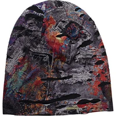 Image of styleBREAKER Beanie Hat with Splat Style Showing Splashes and Signs, Destroyed Vintage Look, Slouch Longbeanie, Unisex 04024077, Colour:Anthracite Red Blue Yellow