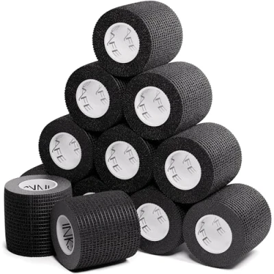 Image of Inksafe Black Self Adherent Cohesive Bandages 5cm x 4.5m Box of 12 Uses Include Tattoo Grip Wrap, Vet Tape for Wrist and Ankle Sprains