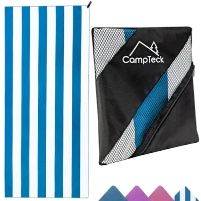 Image of CampTeck U7310 Large (180 x 78cm) Lightweight and Compact Quick Dry Microfiber Travel Towel for Sports, Gym, Beach, Swimming, Yoga, Camping Blue White Striped