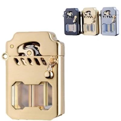 Image of Mecha metal rocker lighter, retro transparent oil tank kerosene windproof suitable for barbecue, candles, outdoor, camping, best gift men(Black)
