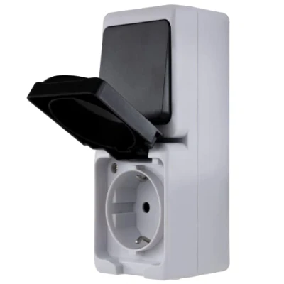 Image of REV AquaMini, Mini Socket A/W Switch Combination, 38% Less Volume, IP54, Double Pole, Surface Mounted, Grey
