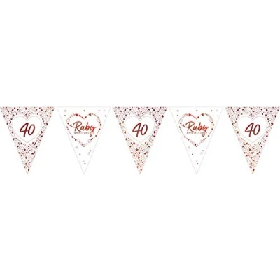 Image of Anniversary House Pack of 1 Ruby Paper Flag Bunting, Paper, Wedding Decorations, 40th Anniversary, Happy Decoration, Party Banner, 11 Flags, J069
