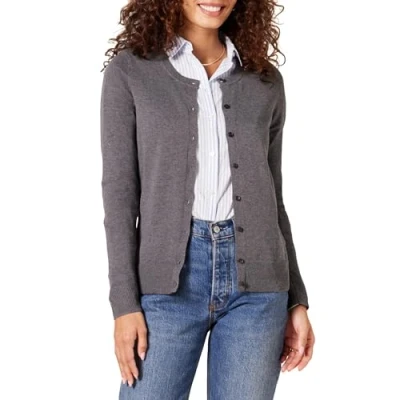 Image of Amazon Essentials Women&#039;s Lightweight Crewneck Cardigan Jumper (Available in Plus Size), Charcoal Heather, XL