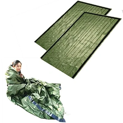 Image of 2pack Emergency Sleeping Bag, Thermal Bivy Sack, Survival Mylar Blanket, Includes Stuff Sack with Whistle (Army green)