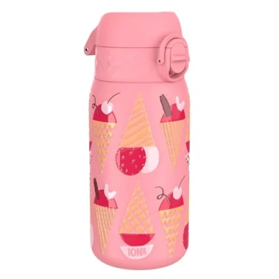 Image of Ion8 Insulated Steel Water Bottle, 320 ml/11 oz, Leak Proof, Easy to Open, Secure Lock, Dishwasher Safe, Carry Handle, Flip Cover, Metal Raised Print, Stainless Steel, Ice Cream Design