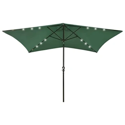 Image of vidaXL Parasol with Adjustable Crank and Tilt, Anti Fade Polyester Canopy, LED Lights Steel Pole Garden Umbrella in Green, 2x3 m