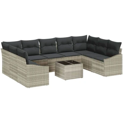 Image of vidaXL 10 Piece Garden Dining Set with Cushions in Grey Poly Rattan
