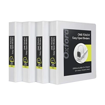 Image of Oxford 3 Ring Binders, Binders for School and Office, 1.5 Inch ONE Touch Easy Open D Rings, Sided View Binder Covers, Xtralife Hinge, Non Stick, PVC Free, White, 375 Sheet Capacity, 4 Pack (79906)