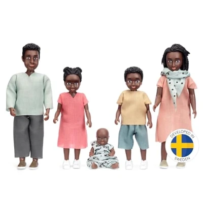 Image of Lundby Small Ethnic Dolls House People Toy Doll Set Billie Family of 5 2 Adults + 3 Children Furniture and Accessories Dollhouse Plastic Mini Playsets for Kids Age 3+ 1:18