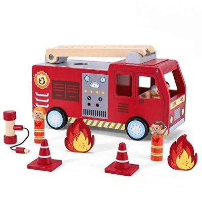 Image of SOKA Wooden Fire Engine Truck with Firefighter Figurines Educational Montessori Blocks Firefight Vehicle Toy Set Gift for Children Kids Boy Girl Ages 3 years old +