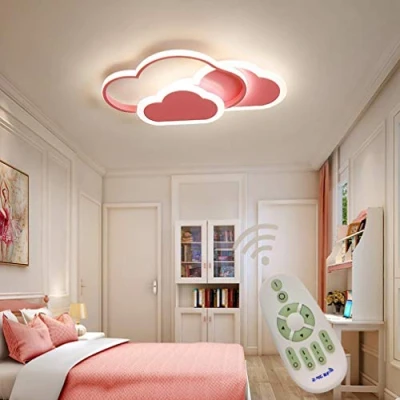 Image of LED Ceiling Light Dimmable Girl Boy Bedroom Fixture with Remote Control Living Room Kitchen Lamp, Modern Dining Metall Acrylic Shade Art Cloud Design Chandeliers Lighting L52*W31cm Pink