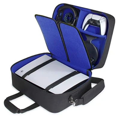 Image of USA GEAR PS5 Case Console Compatible with PlayStation 5 and Digital Edition Customizable Interior for Controller, Games, Gaming Headset, Accessories (Blue)