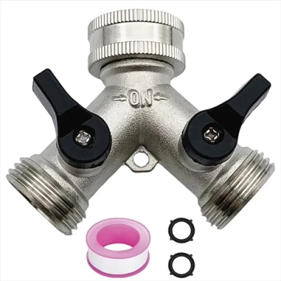 Image of 2 Way Garden Hose Splitter, tap Connector with Individual On/Off, 3/4&quot; Y Splitter Brass Connector, Nickel Plating Splitter,Garden