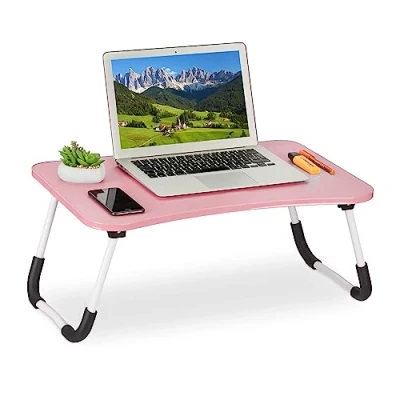 Image of Relaxdays Lap Desk, for Bed &amp; Sofa, Folding Laptop Tray, HWD: 26 x 63 40 cm, MDF Iron, Notebook Table, Pink, Fibreboard, Plastic
